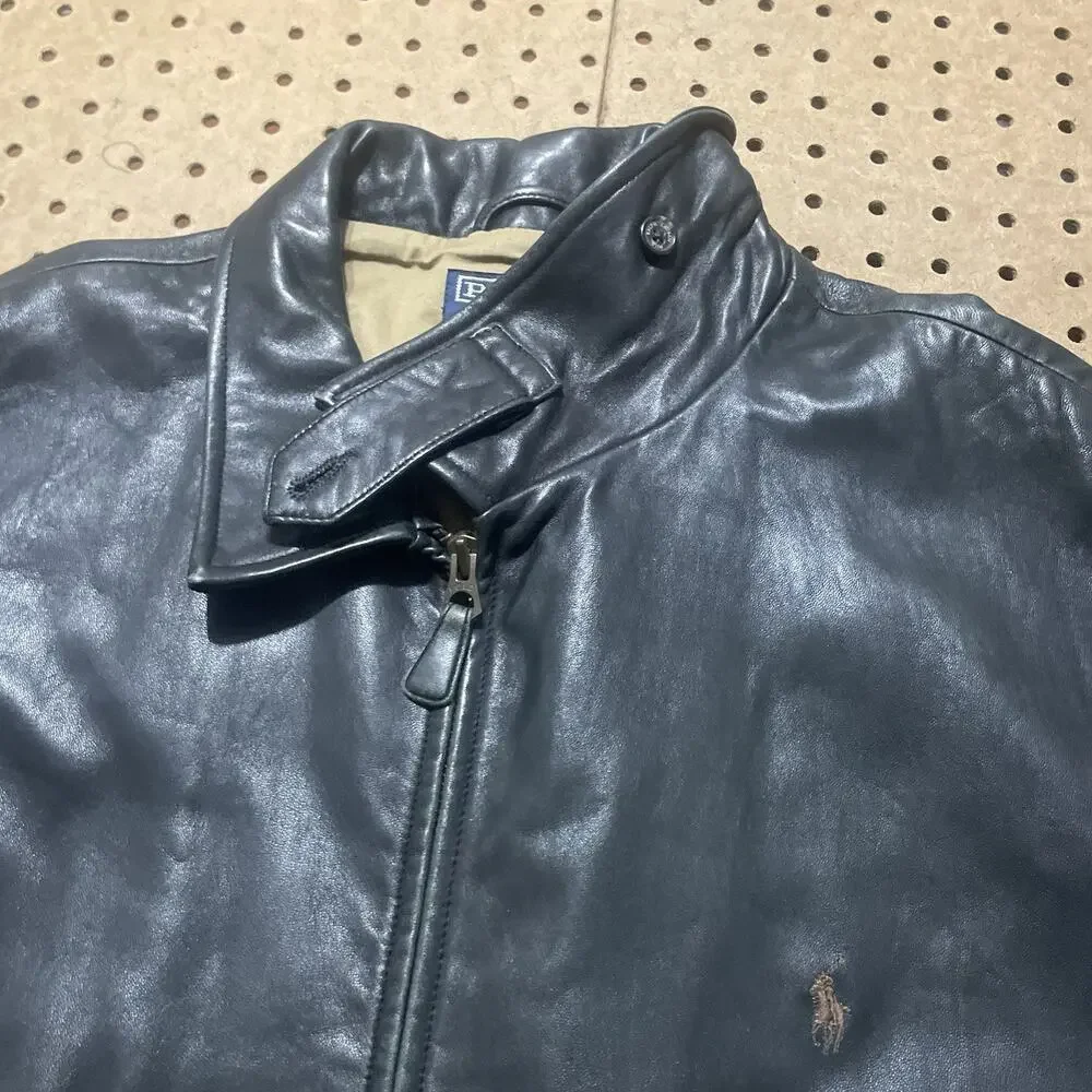 Vintage Polo Ralph Lauren Jacket Mens XXL Black Lambskin Leather Full Zip Pony